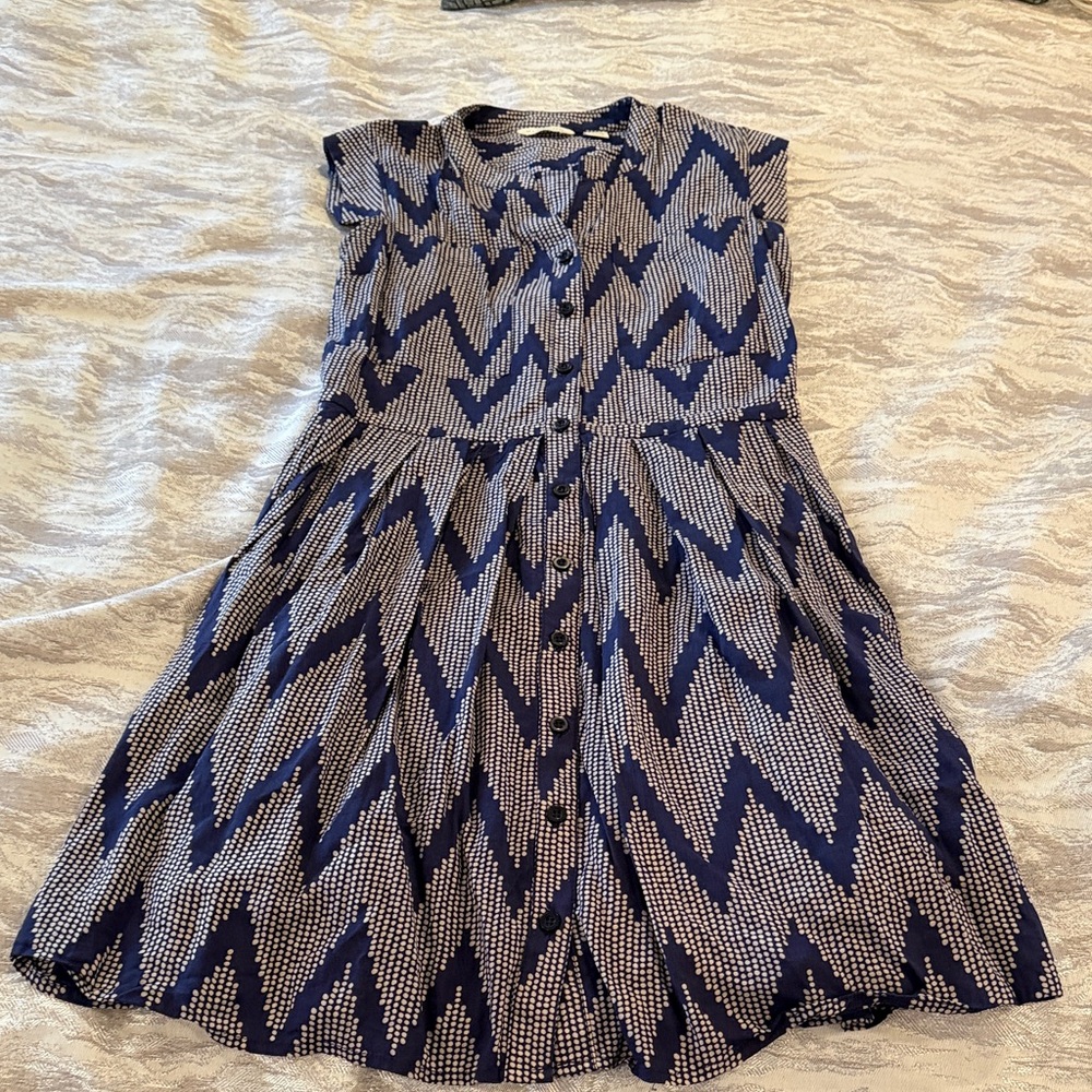 Navy and White Zigzag Button-Front Dress